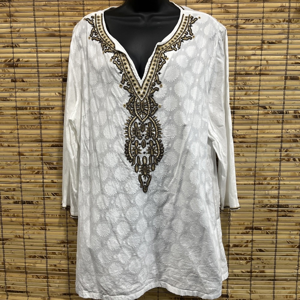 Charter Club Womens XXL White Beaded Embroidered Tunic Boho Top Boho Resort Chic